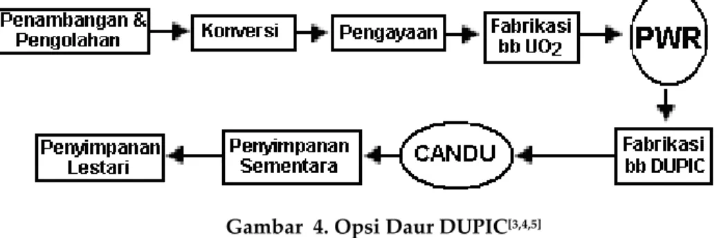 Gambar 3 adalah daur bahan bakar sekali pakai berbasis reaktor tipe CANDU. Berbeda  dengan  reaktor  PWR,  reaktor  CANDU  dioperasikan  dengan  bahan  bakar  tipe  uranium  dioksida tanpa pengayaan (uranium alam)