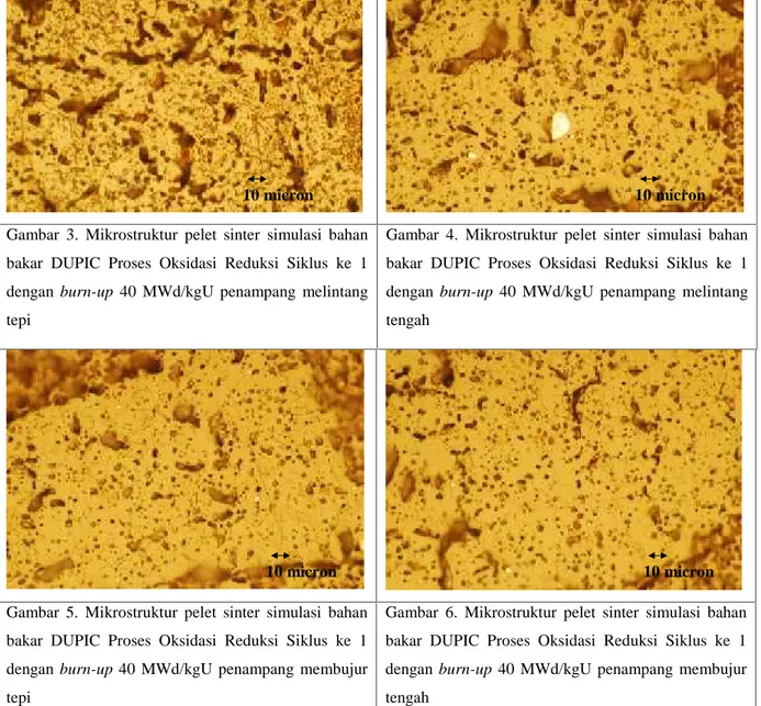 Gambar  4.  Mikrostruktur  pelet  sinter  simulasi  bahan bakar  DUPIC  Proses  Oksidasi  Reduksi  Siklus  ke  1 dengan burn-up 40  MWd/kgU  penampang  melintang tengah