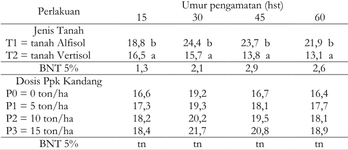 Tabel 2.  Rata-rata Jumlah Daun (helai) Tanaman Bawang Merah pada Perlakuan  Jenis Tanah (T) dan Dosis Pupuk Kandang (P) 