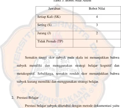 Tabel 3. Bobot Nilai Aitem