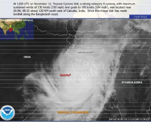Fig. 1 Satellite image of Cyclone Sidr, 15 November 2007 making landfall in Bangladesh and India (Image from National Oceanic and Atmospheric Administration).