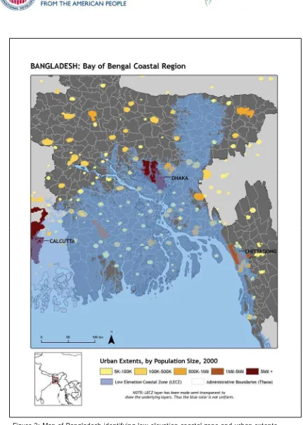 Figure 3: Map of Bangladesh identifying low elevation coastal zone and urban extents