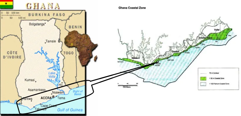 Figure 1: Maps showing the coastal zone of Ghana 
