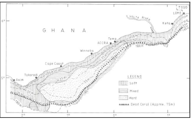 Figure 3: Map of southern Ghana showing the location of dead madreporarian corals  