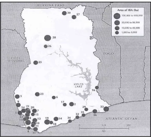 Figure 7: Location and size of Important Bird Areas in Ghana (Source: Ntiamoa-Baidu, et al., 2001)