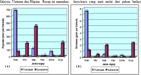 Gambar 1. Kepadatan populasi ( a ), dan biomassa ( b )  rayap pada pertanamanlada di Way Kanan Lampung (musim kemarau 2002)Mac = Macrotermes gilvus, Mic = Microtermes obesi, Nas = Nasutitermeshavilandi, Hav = Havilanditermes sp., Sche = Schedorhinotermes medio-obscurus, Cryp = Cryptotermes sp.