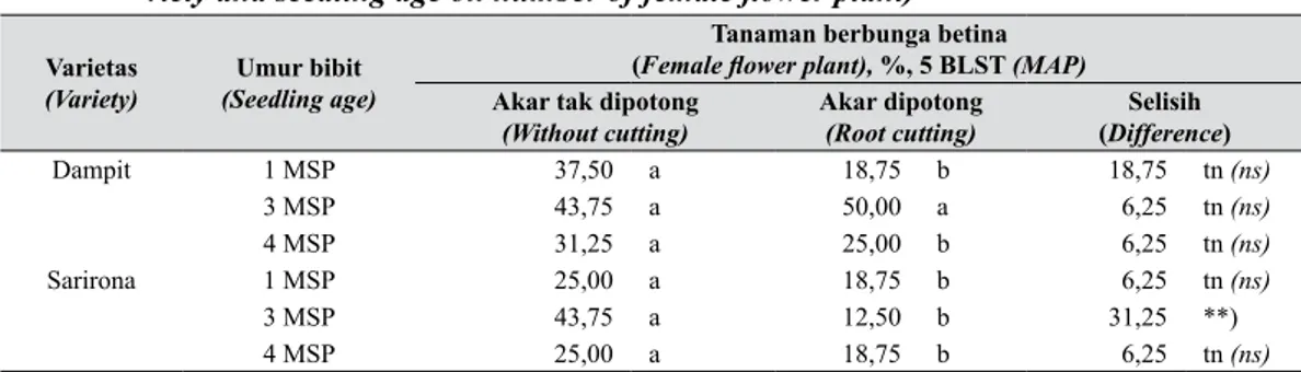 Tabel 6.  Pengaruh pemotongan akar dan kombinasi varietas dengan umur bibit terhadap  jumlah tanaman berbunga betina (7KH HIIHFW RI URRW FXWWLQJ DQG FRPELQDWLRQ RI  YD-ULHW\ DQG VHHGOLQJ DJH RQ QXPEHU RI IHPDOH ÀRZHU SODQW