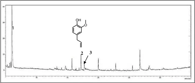 Gambar 2. Kromatogram hasil analisis GC-MS ekstrak etil asetat kultur jamur endofit PWA2 di dalam  medium GYP selama 3 minggu (statis) pada temperatur 26 – 28 o C