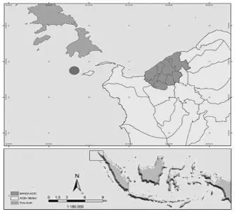 Gambar 1. Peta perairan utara Aceh yang menunjukkan lokasi penangkapan  cumi sampel disekitar Pulau Bunta (ditunjukkan oleh lingkaran) 