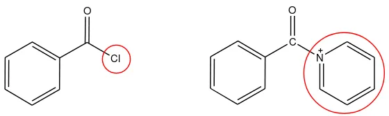 Gambar 8. Perbedaan gugus pergi pada benzoil klorida dan ion benzoil 