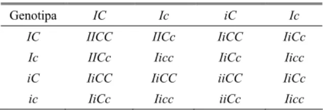 Tabel 1.  Bagan pola segregasi warna antara II/ii dengan  CC/cc 