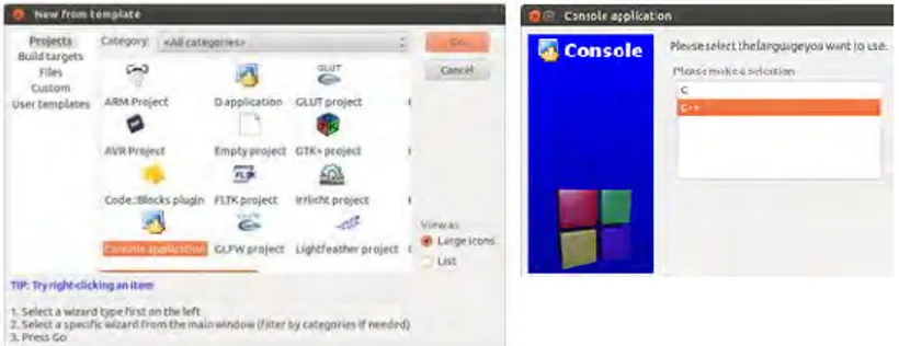 Gambar 2.12 Pemilihan console baru (kiri) dan pemilihan bahasa (kanan)  -  Langkah  2:  Pilih  compiler  yang  digunakan  dan  akhirnya 