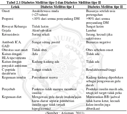 Tabel 2.1 Diabetes Mellitus tipe I dan Diabetes Mellitus tipe II 