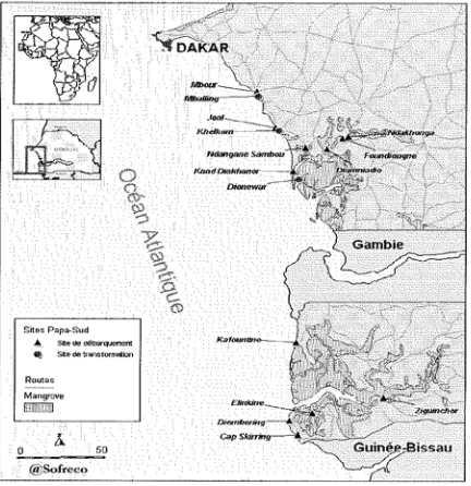 Figure 3: Map of the 15 PAPA SUD sites on the Petite Côte (4), in Sine-Saloum (6), and in Casamance (5) 