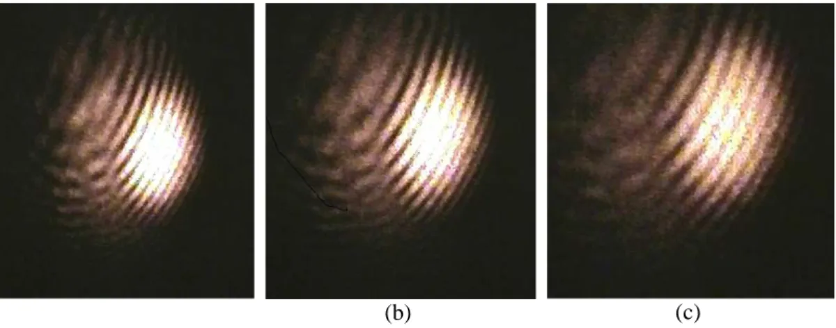 Gambar 4.2 Pola cincin untuk larutan NaCl 1 % (a) Tanpa medan magnet luar (b) pada medan  magnet 80,89 mT (c) pada medan magnet 135,11 mT 