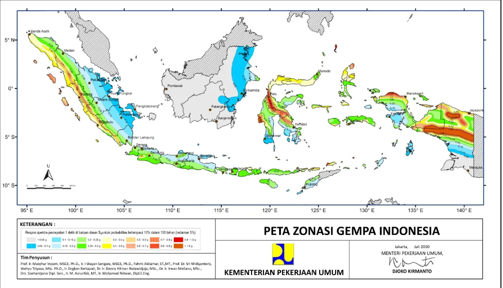 Gambar 6. Peta respon spektra percepatan 1.0 detik (S1) di batuan dasar (SB) untuk probabilitas terlampaui 10% dalam 100 tahun 