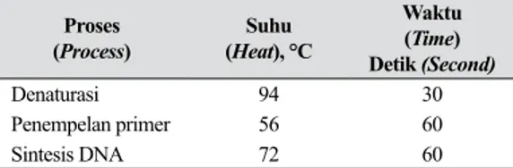 Tabel 1.  Waktu dan suhu proses denaturasi  serta  sintesis  DNA  sampel  daun  manggis (Time and temperature of  de-naturation process and DNA syntesis  of mangosteen leaf sample)