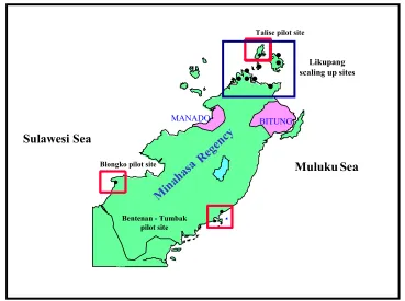 Figure 1.  Location of initial pilot sites and “scaling-up” sites in Likupang districts