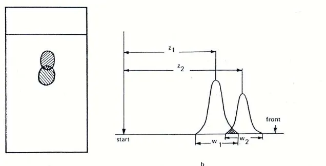 Gambar 8. Ilustrasi resolusi pada KLT: (a) kromatogram; (b) profil kromatografi masing-masing bercak  