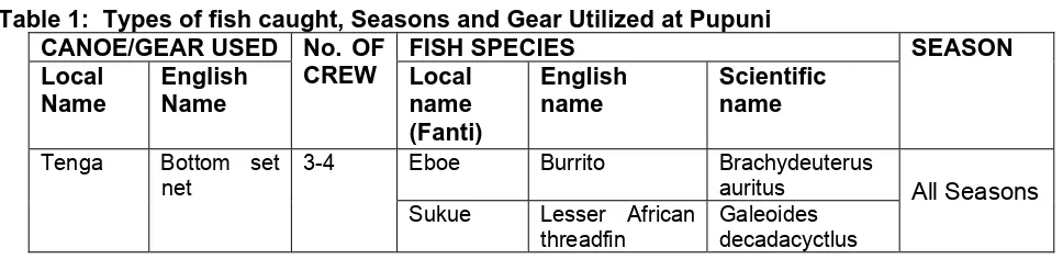 Table 1: Types of fish caught, Seasons and Gear Utilized at Pupuni  CANOE/GEAR USED No