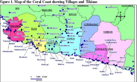 Figure 1. Map of the Coral Coast showing Villages and Tikinas