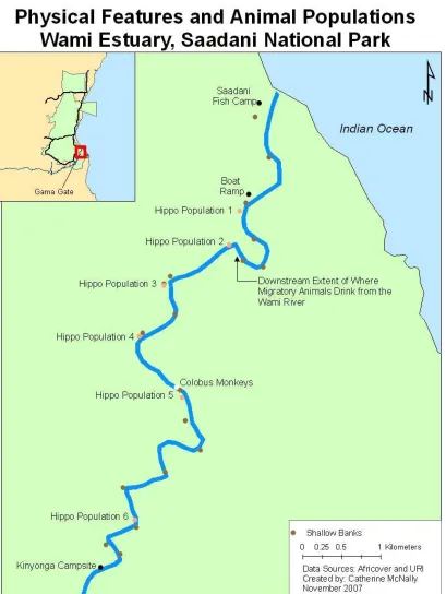 Figure 10.  The location of shallow riverbanks, hippopotamus populations, and colobus monkeys from the mouth of the Wami River to Kinyonga Campsite