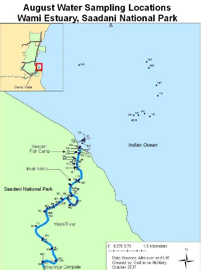 Figure 1. August 2007 Sampling Sites along the Wami River Estuary