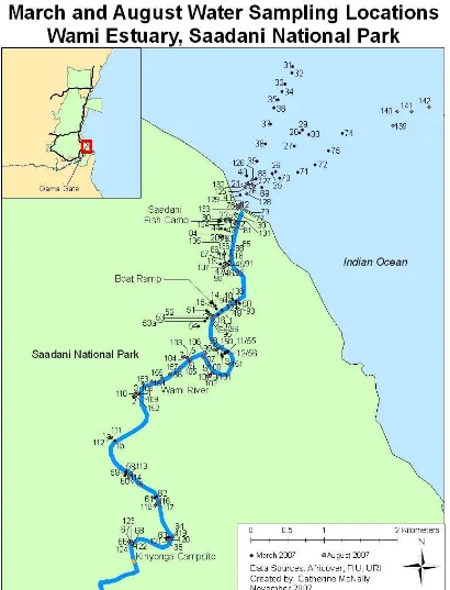 Figure 2.  March and August 2007 sampling sites along the Wami River Estuary  