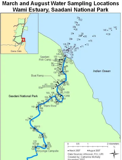 Figure 2.  March and August 2007 sampling sites along the Wami River Estuary  