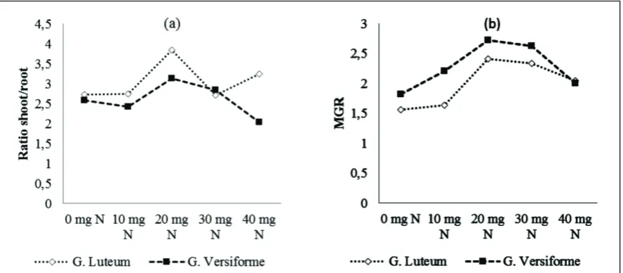Figure 2. The growth of plant based organic N different doses. (a) shoot / root ratio of plants inoculated 