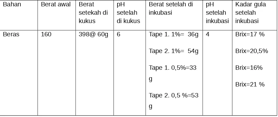 Tabel 11. Pengamatan bahan pada tape beras