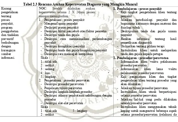 Tabel 2.3 Rencana Asuhan Keperawatan Diagnosa yang Mungkin Muncul 