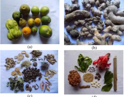 Gambar 3  Bahan-bahan yang digunakan dalam oukup (a) buah (jeruk-jerukan), (b) &amp; (c) bumbu,   (d) bumbu dan daun 
