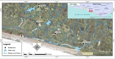 Figure 1 Map of the study area showing surrounding communities and the hydrology 