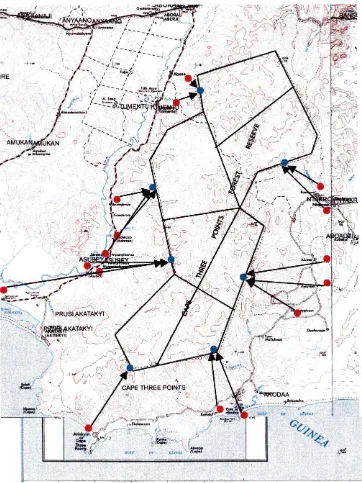 Figure 1 Map of the Cape 3 Points Forest Reserve. Red dots = villages, Blue dots = patrol camps, arrows indicate which towns use which Forest Protection Force camps