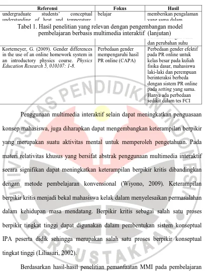 Tabel 1. Hasil penelitian yang relevan dengan pengembangan model meningkatkan       pembelajaran berbasis multimedia interaktif  (lanjutan) pemahaman konsep yang berkaitan dengan suhu 