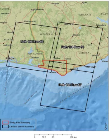 Figure 1: The study area and the coverage of Landsat TM images by path and row numbers 
