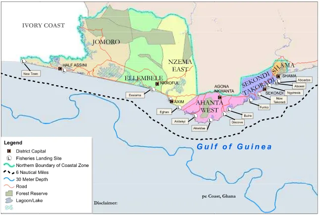 Figure 2: Map of the Six Coastal Districts of the Western Region 