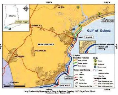 Figure 9: Map of Shama showing the Pra river estuary, built-up area and the coastlineSource: Environmental Sensitivity Map of the Coastal Areas of Ghana