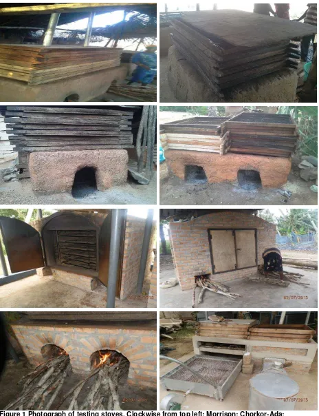 Figure 1 Photograph of testing stoves. Clockwise from top left: Morrison; Chorkor-Ada; Chorkor-Otuam; TULLOW Oven; FTT; Chorkor-KOSMOS; KOSMOS Oven; AWEP 