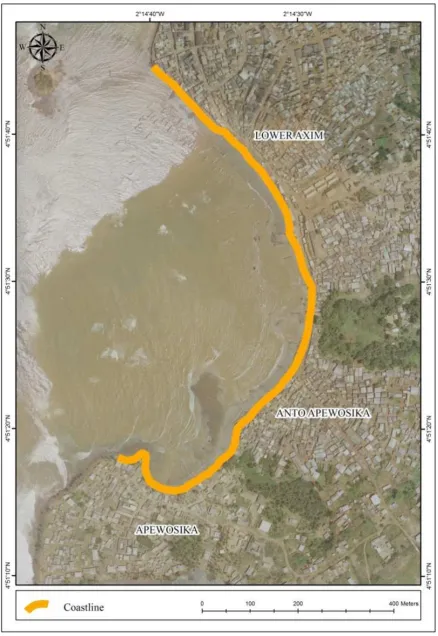 Figure 3 Map of study area indicating coastline stretch of Axim 