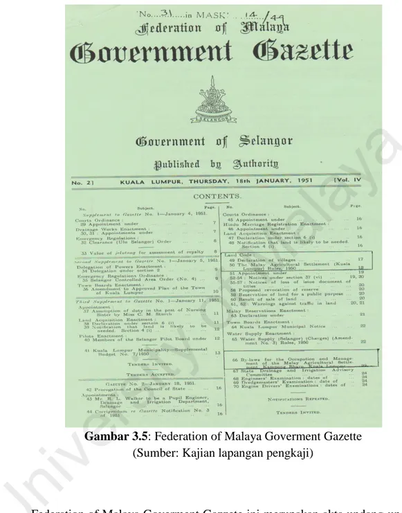 Gambar 3.5: Federation of Malaya Goverment Gazette  (Sumber: Kajian lapangan pengkaji) 