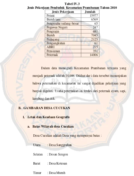 Tabel IV.3Jenis Pekerjaan Penduduk Kecamatan Prambanan Tahun 2010