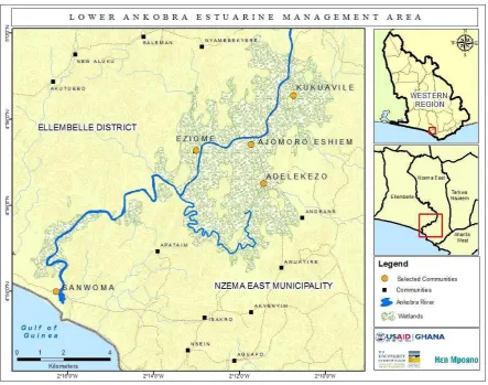 Figure 1: Map showing the communities assessed along the Ankobra estuary 
