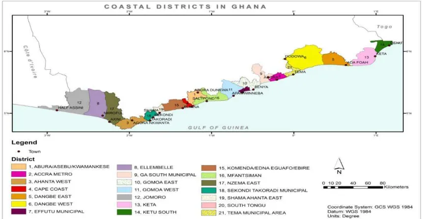 Figure 1 Map of coastline of Ghana with coastal districts 