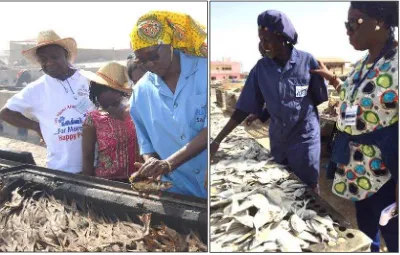 Figure 9 Cayar women’s GIE members explain their smoked (left) and dried (right) fish products processed at the site outside the improved processing center