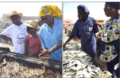 Figure 8. Cayar women’s GIE members explain their smoked (left) and dried (right) fish products processed at the site outside the improved processing center
