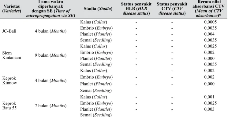 Tabel 5. Rerata hari tumbuh dan persentase kalus yang terbentuk dengan embriogenesis somatik pada  jeruk sehat dan terinfeksi penyakit sistemik (huanglongbing dan CTV) (Mean of days to grow  and percentage of callus formed with somatic embryogenesis in hea