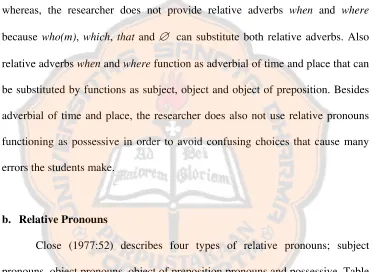 Table 2. Relative Pronouns according to Close (1977:52) 