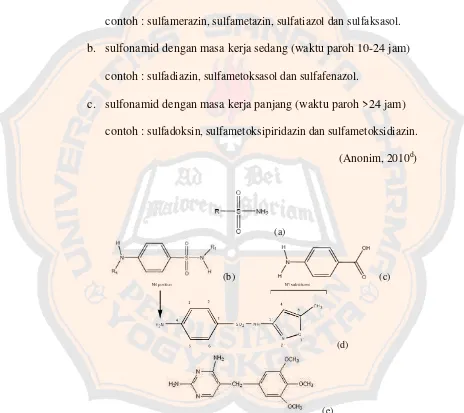Gambar 4. Struktur kimia sulfonamid umum (a), antibiotika Sulfonamida (b), asam para aminobenzoat (c), sulfametoksazol (d) dan trimetoprim (e) (Anonim, 2010d)  